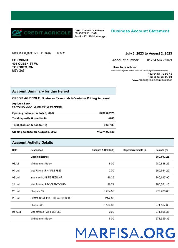 Realistic Credit Agricole Bank enterprise checking account statement Word and PDF template